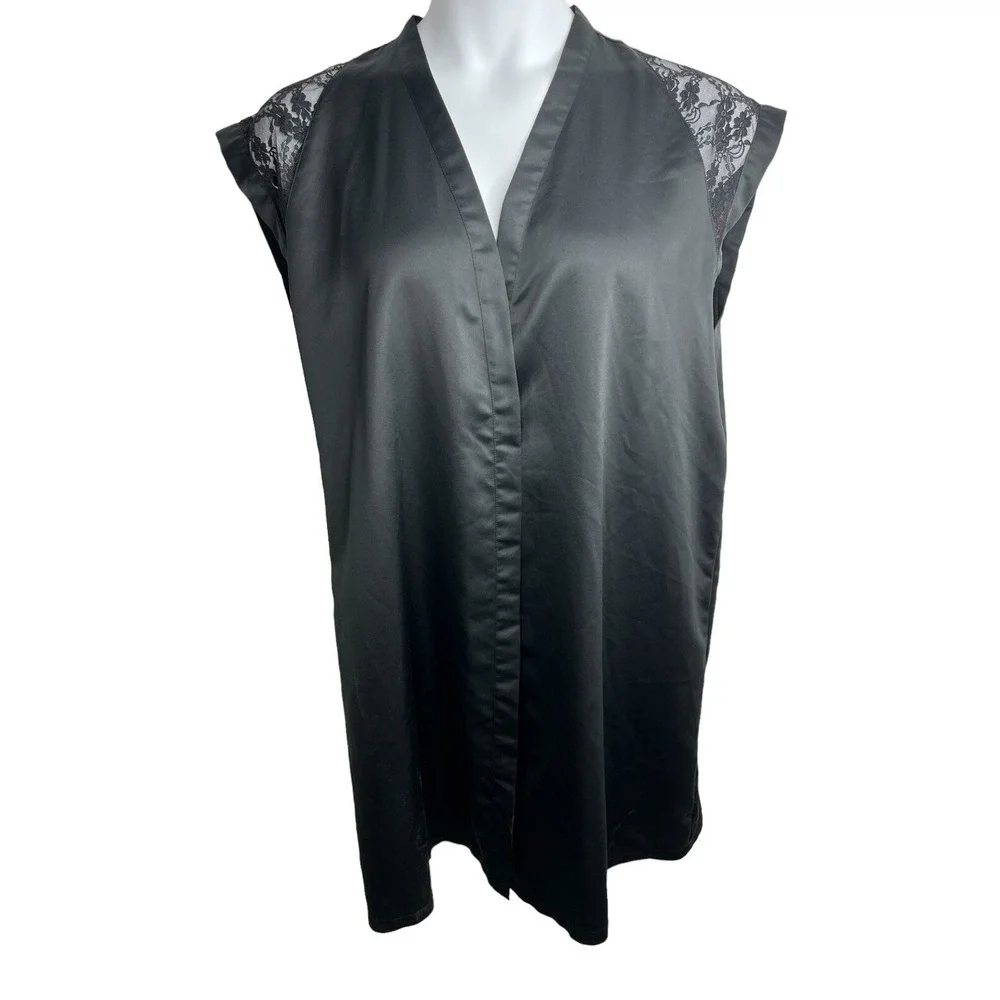 Victorias Secret Black‎ Satin Lace Shoulder Kimono Robe Sleepwear Womens Large
